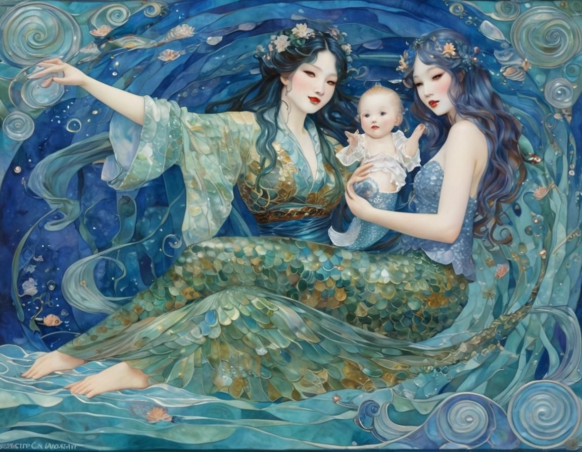 Baby Mermaid with Mother in Art Nouveau Style