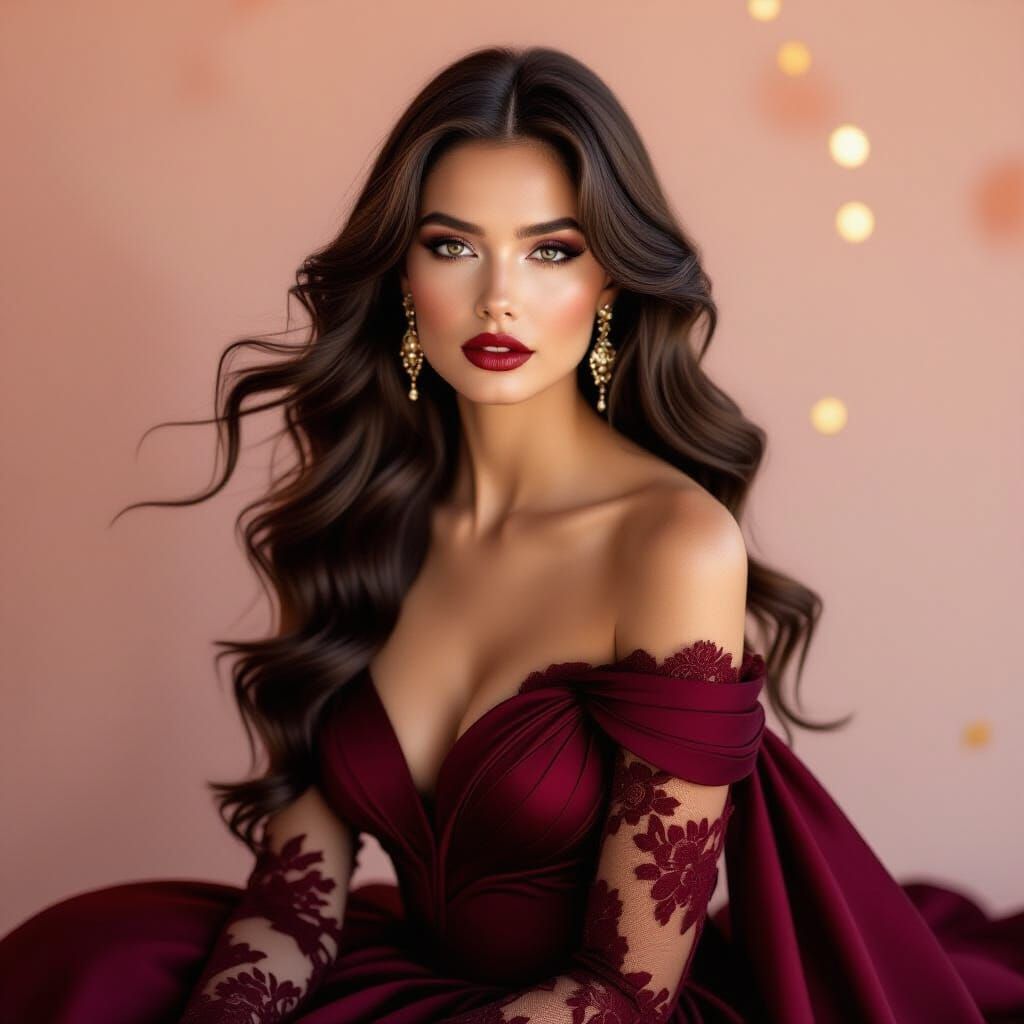 A delicate and beautiful portrait of a femme fatale, with soft, flowing hair and intricate makeup. She wears a luxurious...
