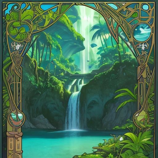 Lush Island Waterfall in Art Nouveau Style