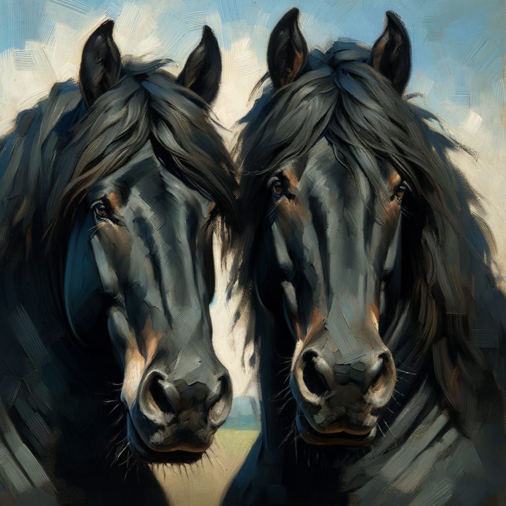 Majestic Black Draft Horses in Loose Oil Painting