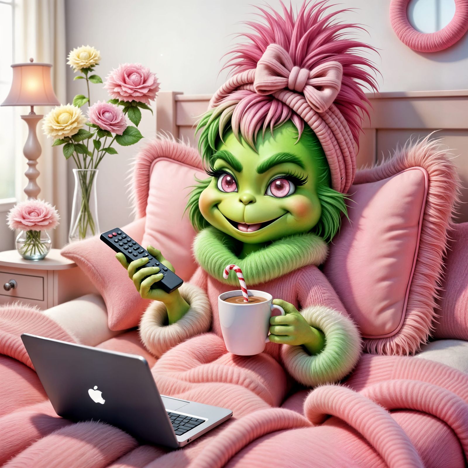 Furry Pink Grinch Relaxing in Bed with Hot Chocolate