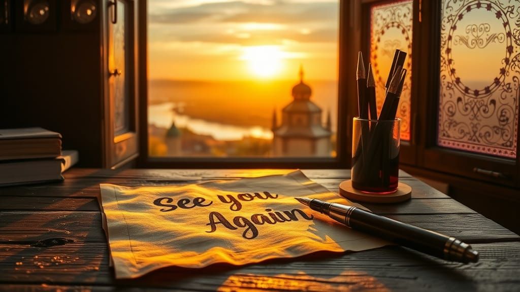 Calligraphic 'See You Again' on Parchment at Sunset