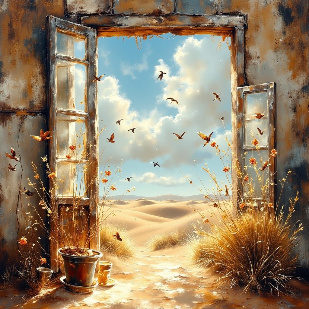 <lora:Exquisite Flux:1.0> View of birds flying around a dila...