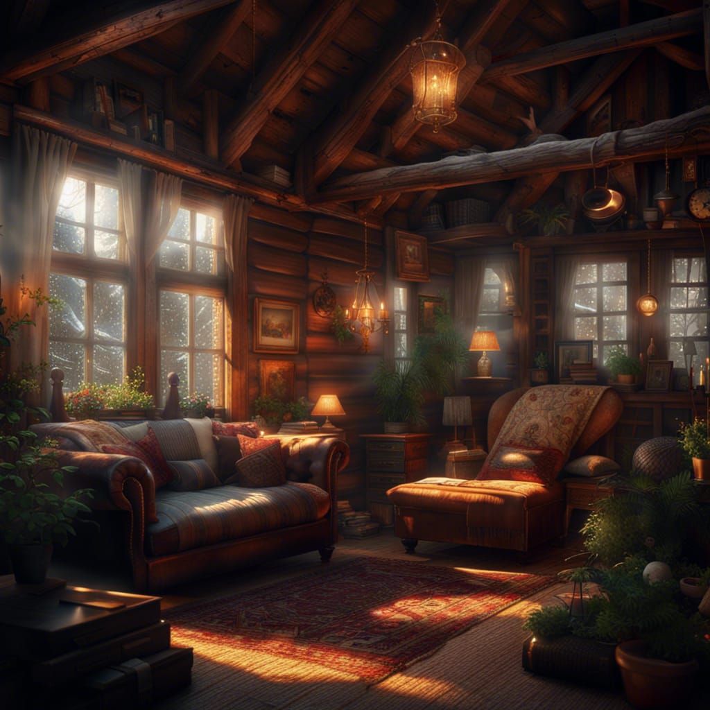 Cozy Log Cabin Interior in Winter Landscape