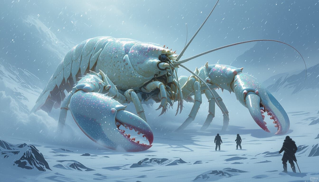 Albino Lobster Soaring Through Blizzard, Digital Art