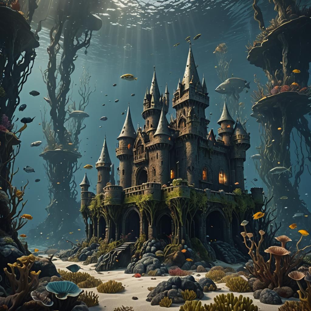Underwater Castle with Fish People in Kelp Forest