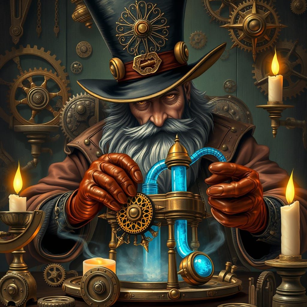 Steampunk Wizard Crafts Mystical Device with Brass Filigree