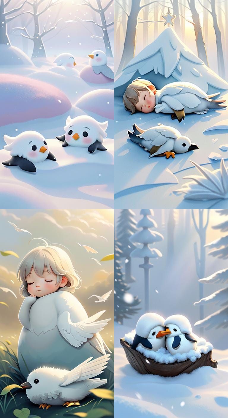 Penguin Chicks Sleeping in Winter Forest, Digital Art