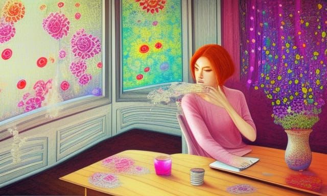 Lace Flower Room with Ink Flow in Gouache Style