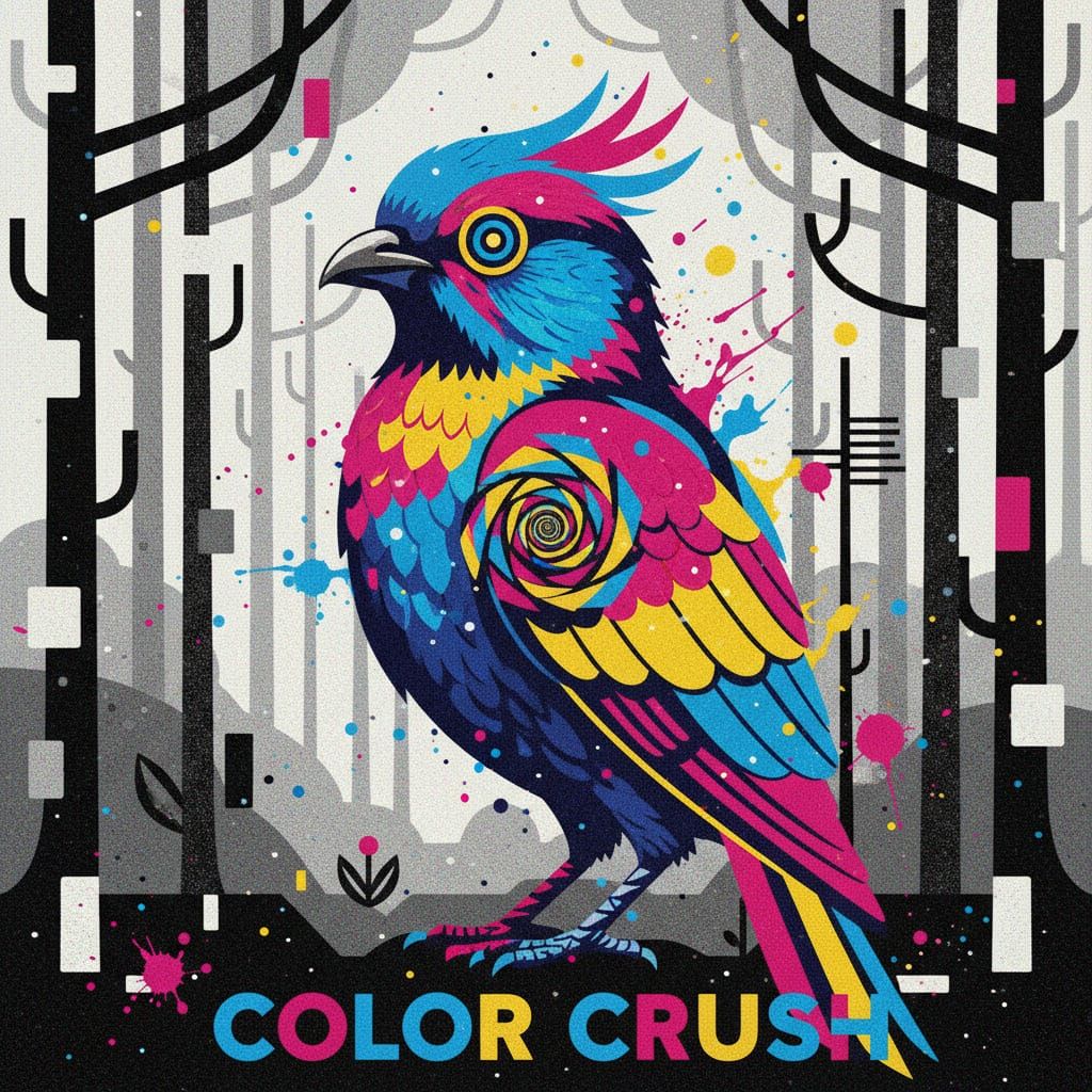 Colorful Bird in Monochromatic Forest, Postsurreal Pop Art S...