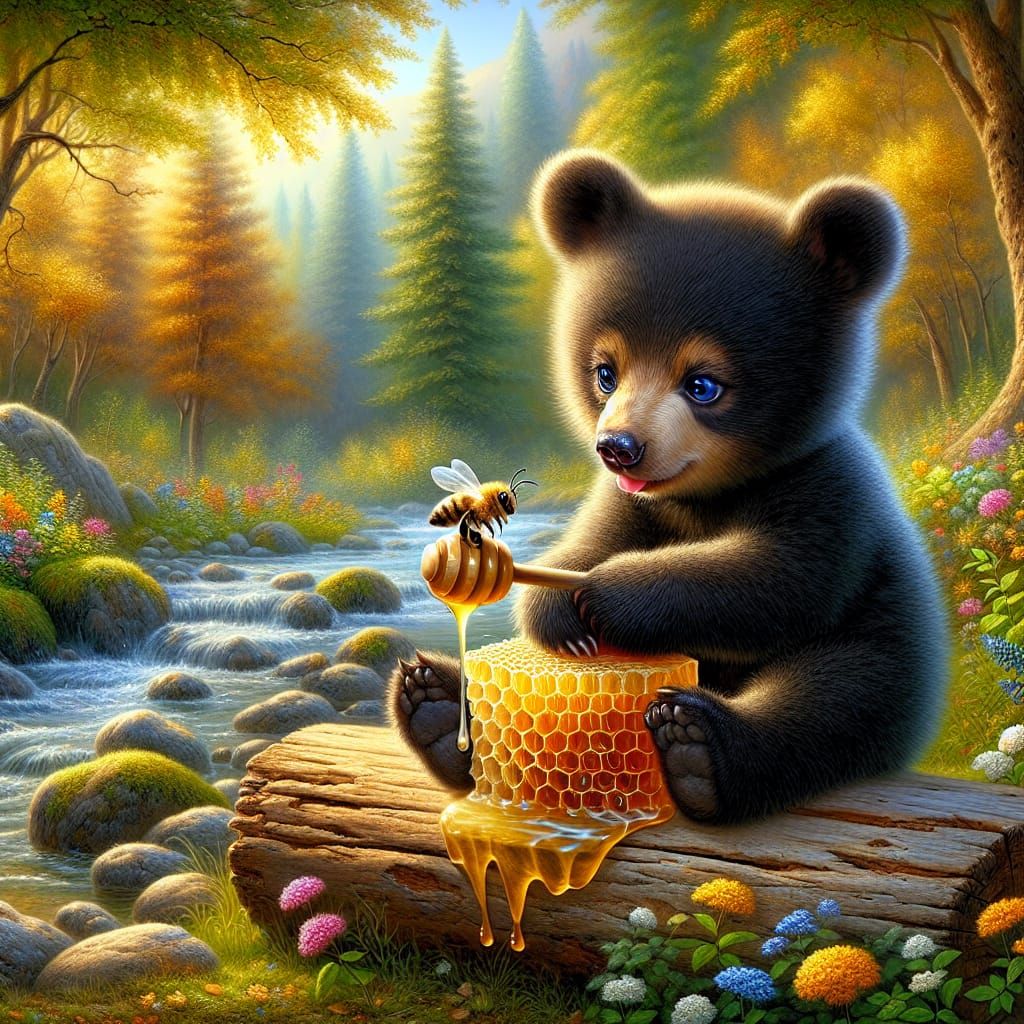 Bear Cub and Bee Enjoying Honey in Autumn Forest