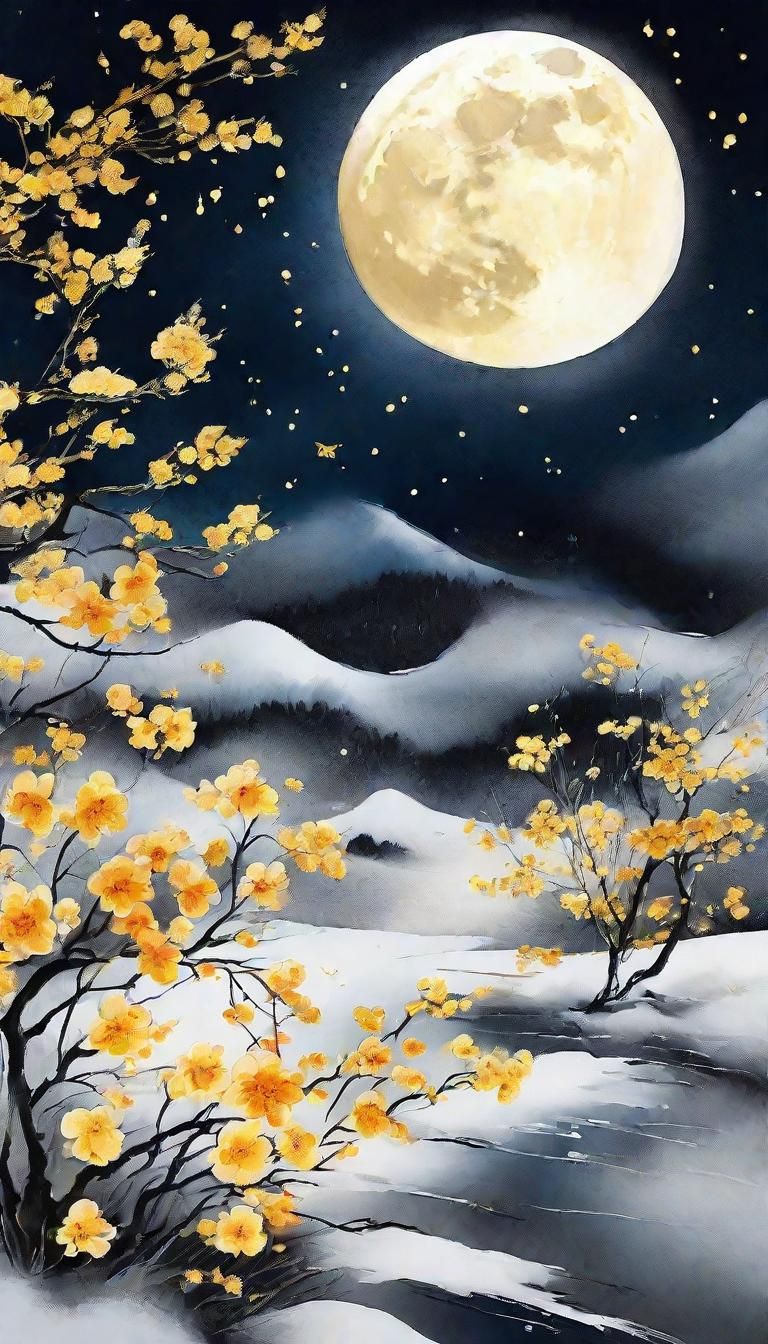 Ink Painting of Wind, Flowers, Snow, and Moon