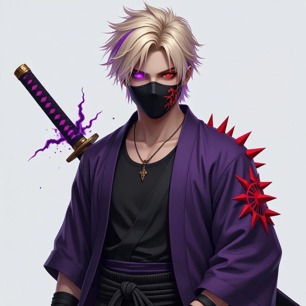 Warrior with Purple Streaked Hair Wields Energy Katana