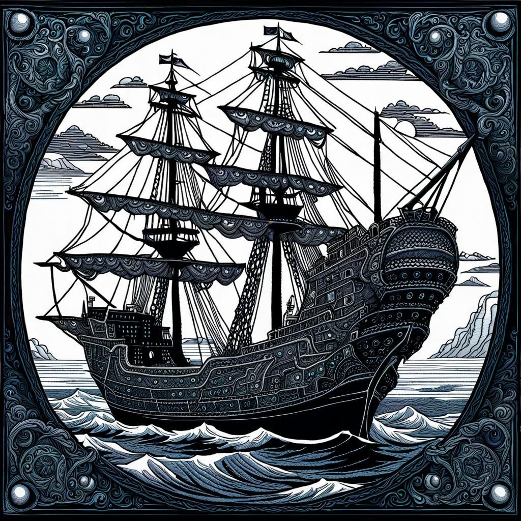 Black Pearl Ship as Embroidery Tapestry