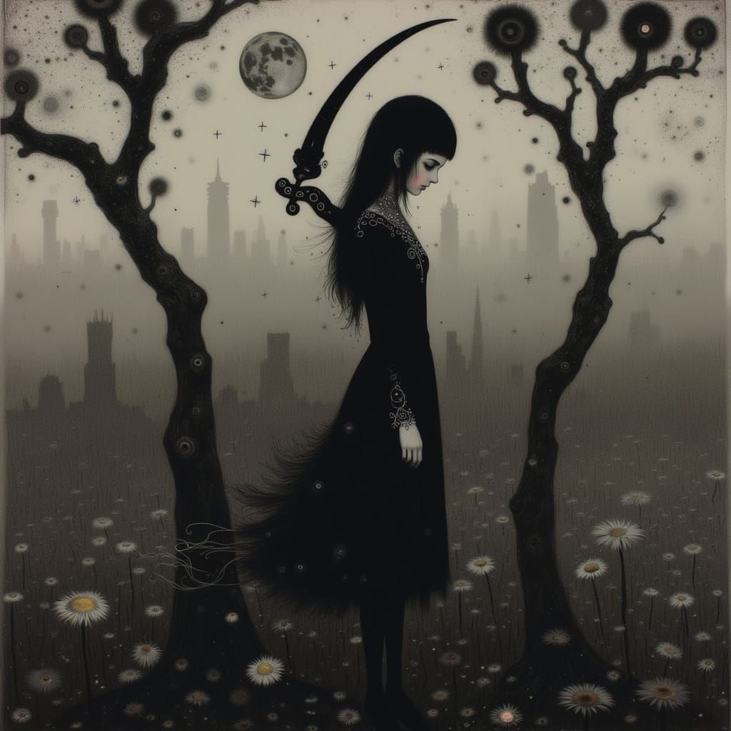 Melancholic Woman in Dark Realm, Gothic Art