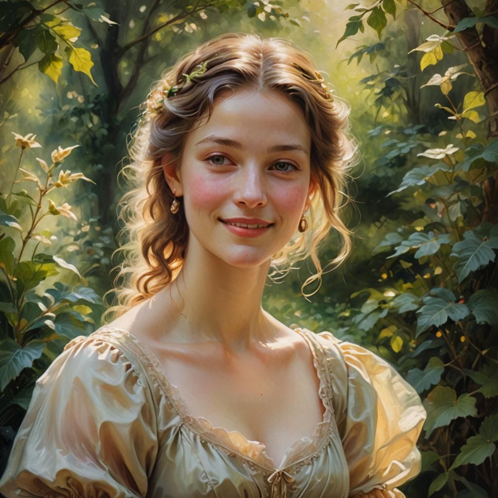 Maiden's Gratitude: A Romantic Oil Painting in Garden
