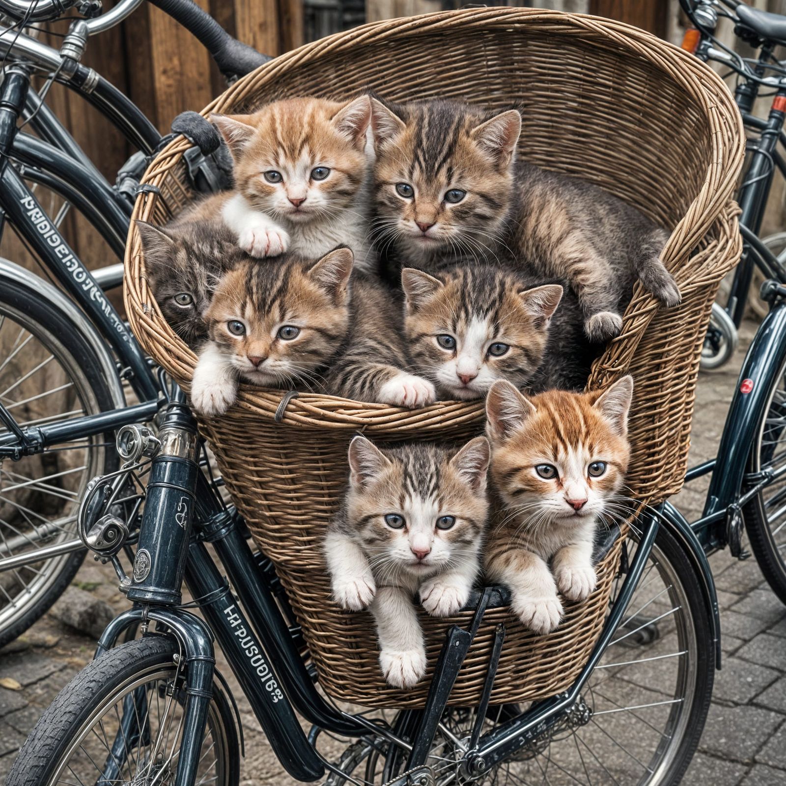 Sleeping Kittens in Bicycle Basket: Hyperrealistic Image