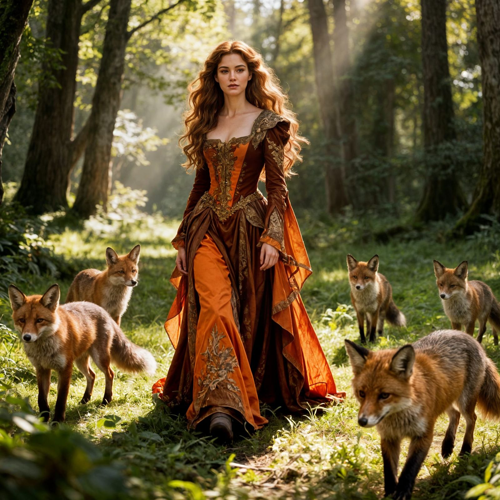 Fantasy Forest Guardian with Foxes, Cinematic Film Still