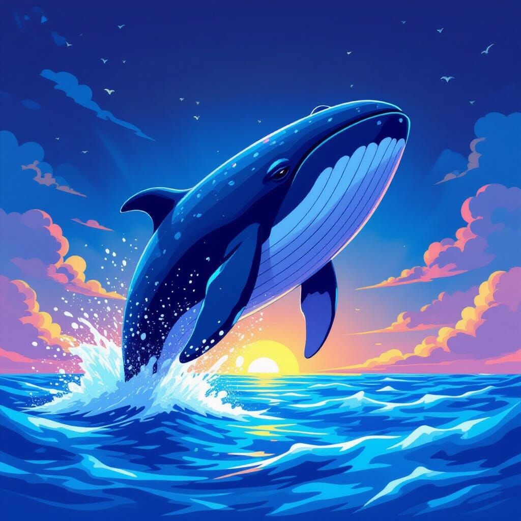 Playful Whale Breaches Bioluminescent Ocean in Cartoon Style