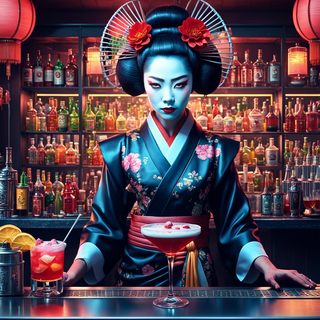 Android Geisha Bartender in Digital Matte Painting Style