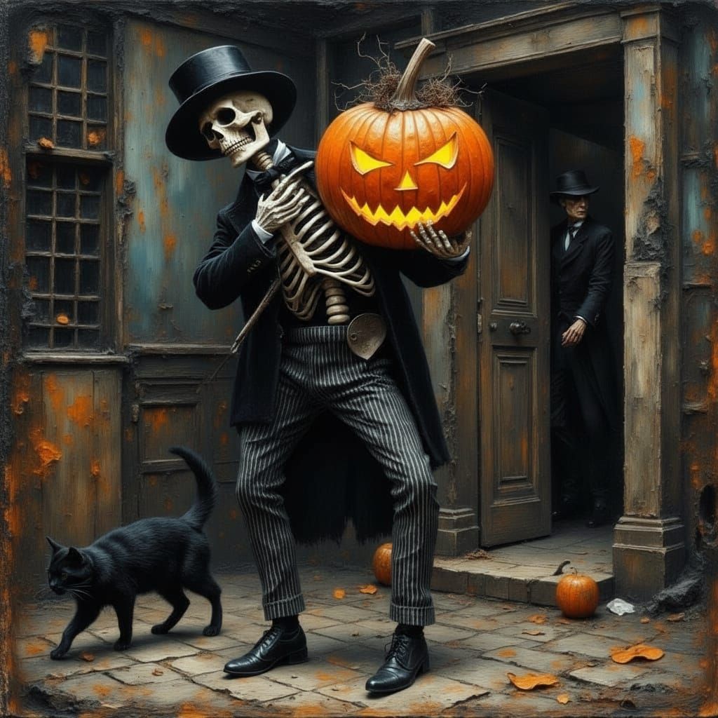 Skeleton Carries Jack-O-Lantern on Cobblestone Streets