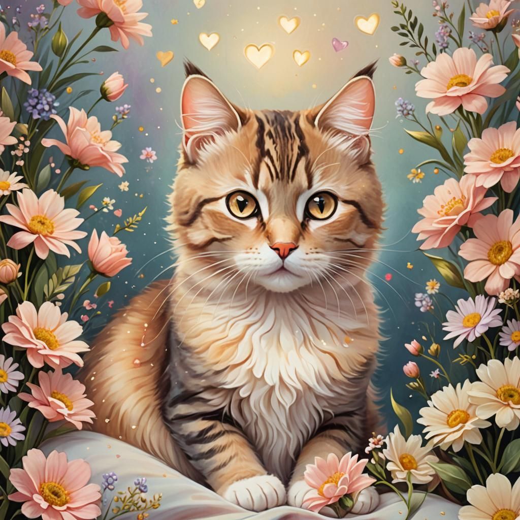 Whimsical Cat Portrait with Heart Lights