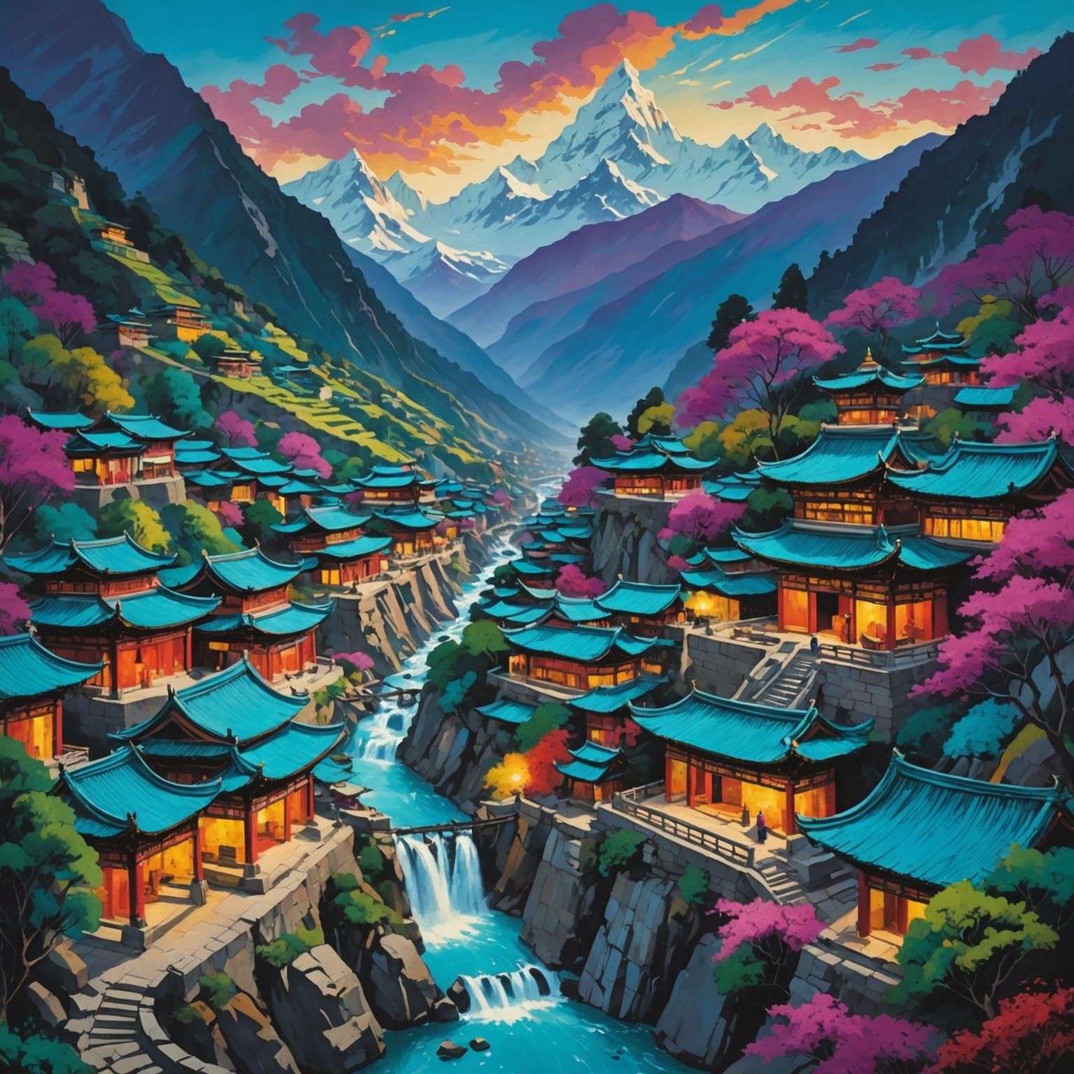 Himalayan Shangri-La City in Yin-Yang Layout, Oil Paint Styl...