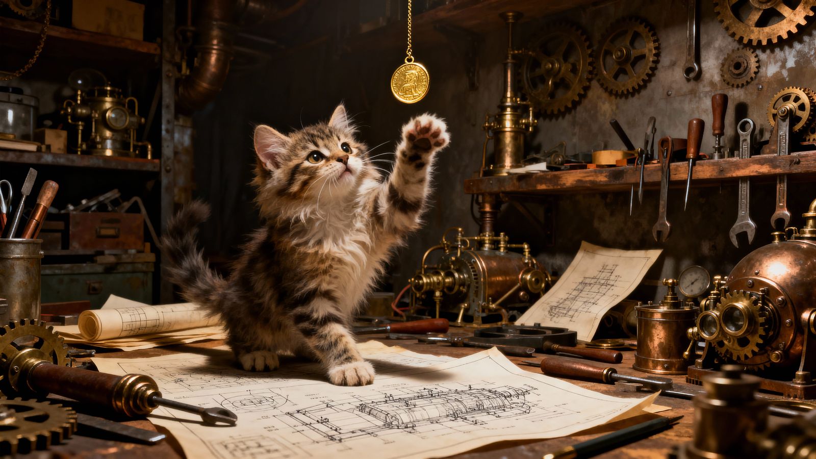 Fluffy Kitten Plays in Steampunk Workshop