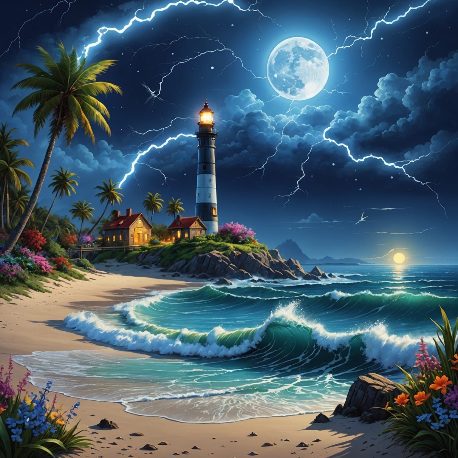 Blue Lightning Strikes Beach at Night