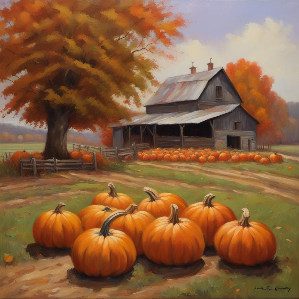 Autumn Farm Pumpkin Harvest as Oil Painting