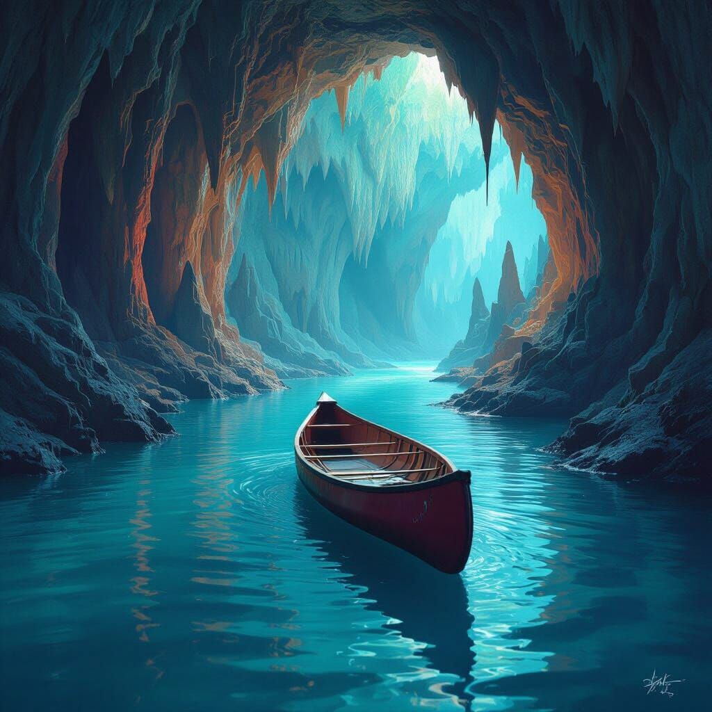 Canoe Drifting Down Underground River in Psychedelic Style