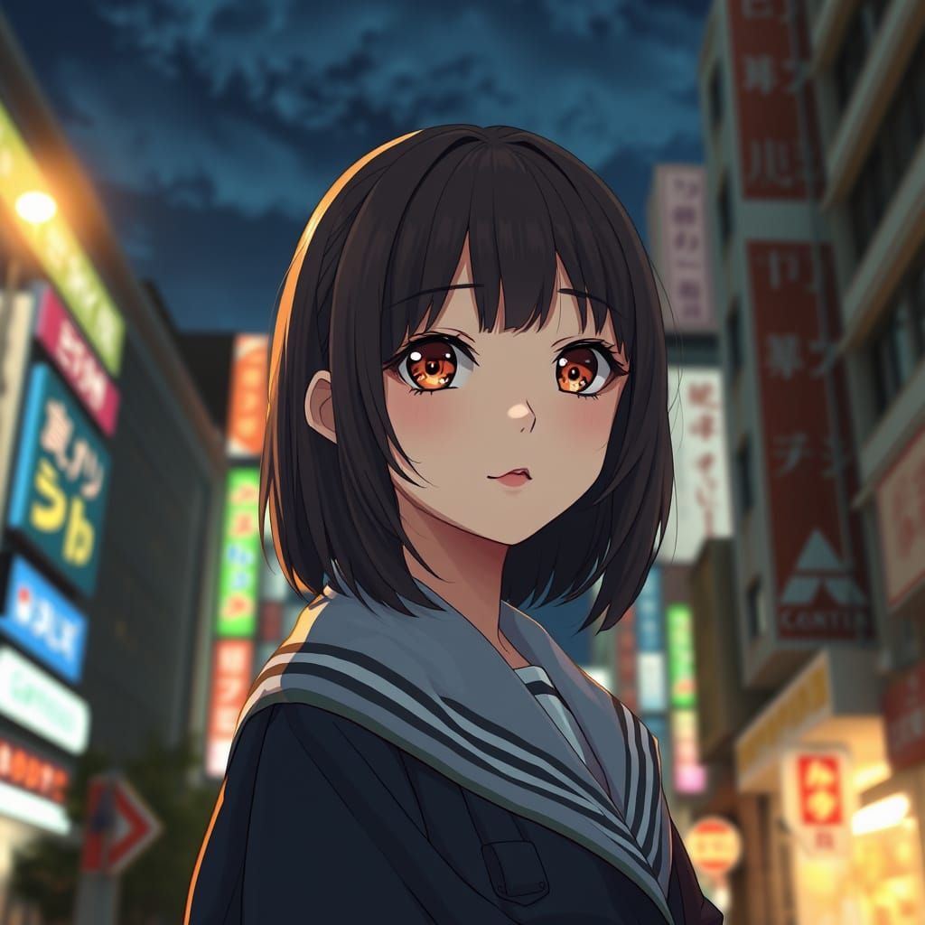 Stunning Tokyo Night Scene with Beautiful Anime Girl