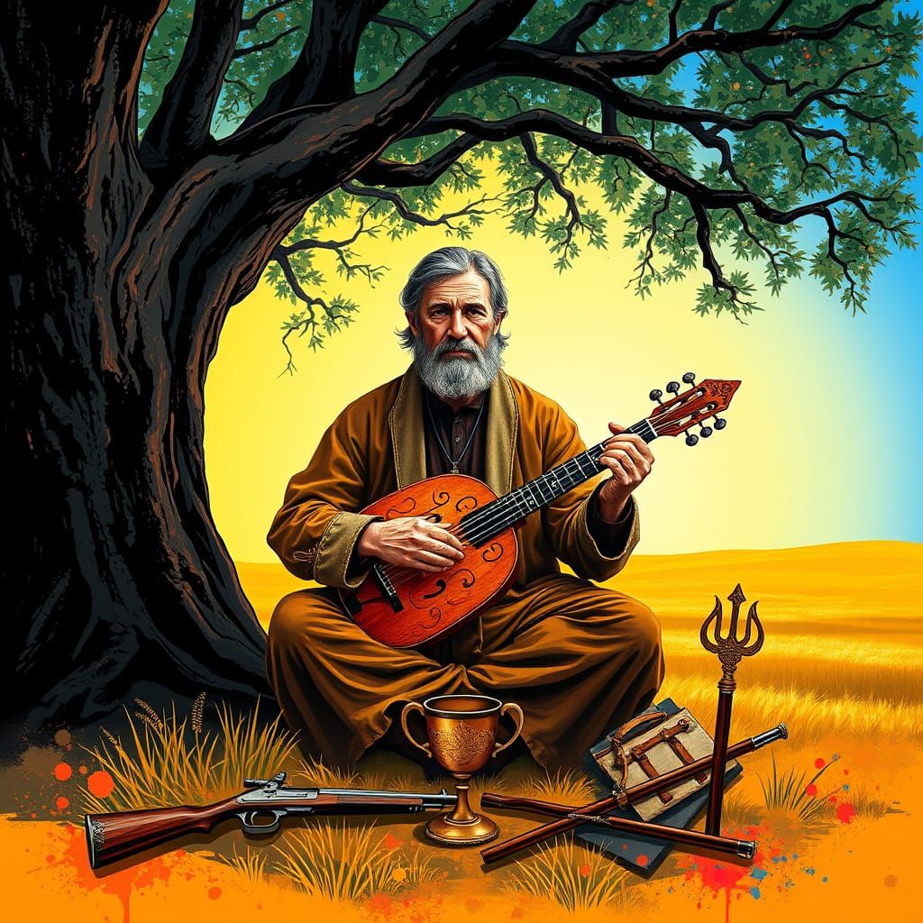 Cossack Mamay Under Oak Tree in Traditional Ukrainian Settin...