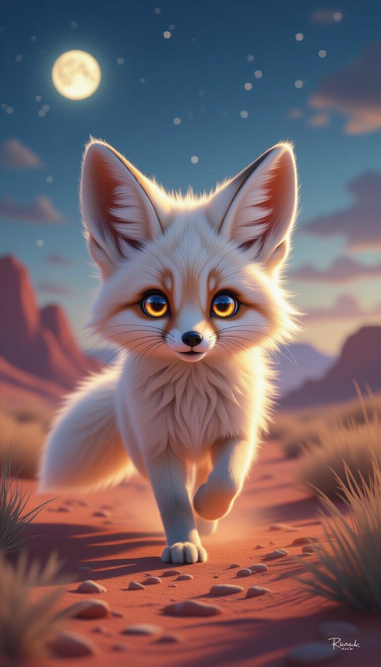 Cute Fennec Fox in Glowing Desert at Twilight