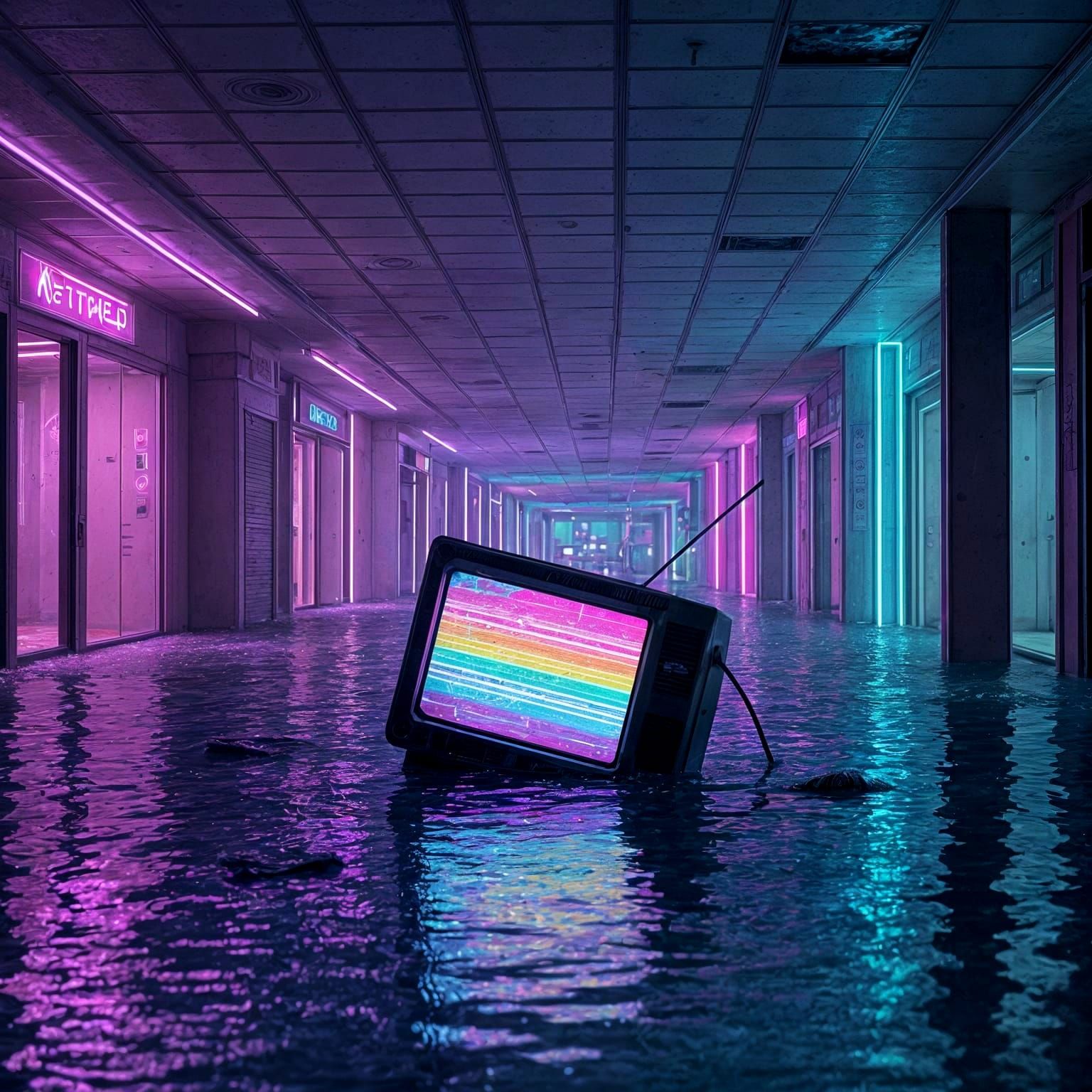 Flooded Vaporwave Mall with Neon CRT Television