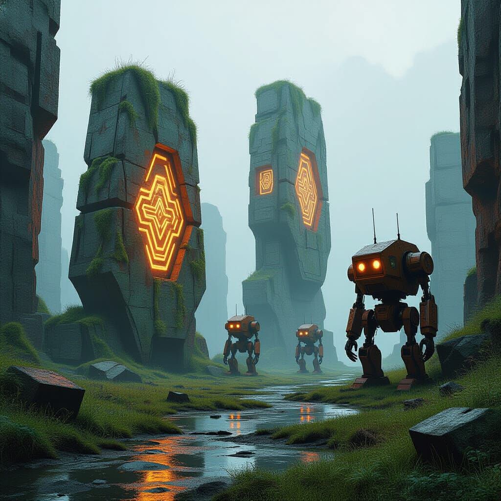 Alien Ruins Patrolled by Droids in Futuristic Style
