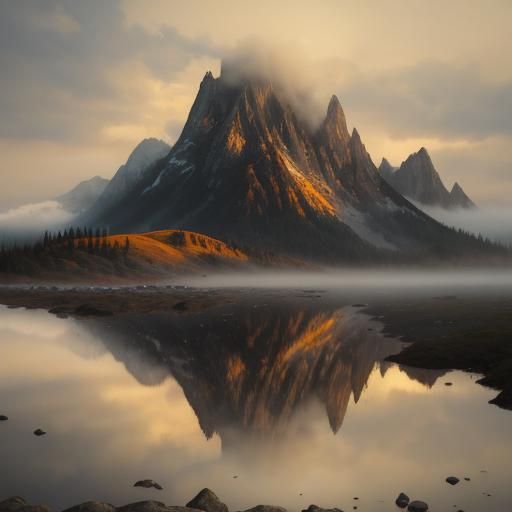 Rugged Man on Misty Mountain: American Oil Painting