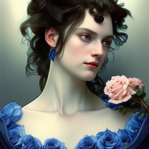 80s dark fantasy good witch with black hair& blue eyes& blue dress with blue roses& hold a doves