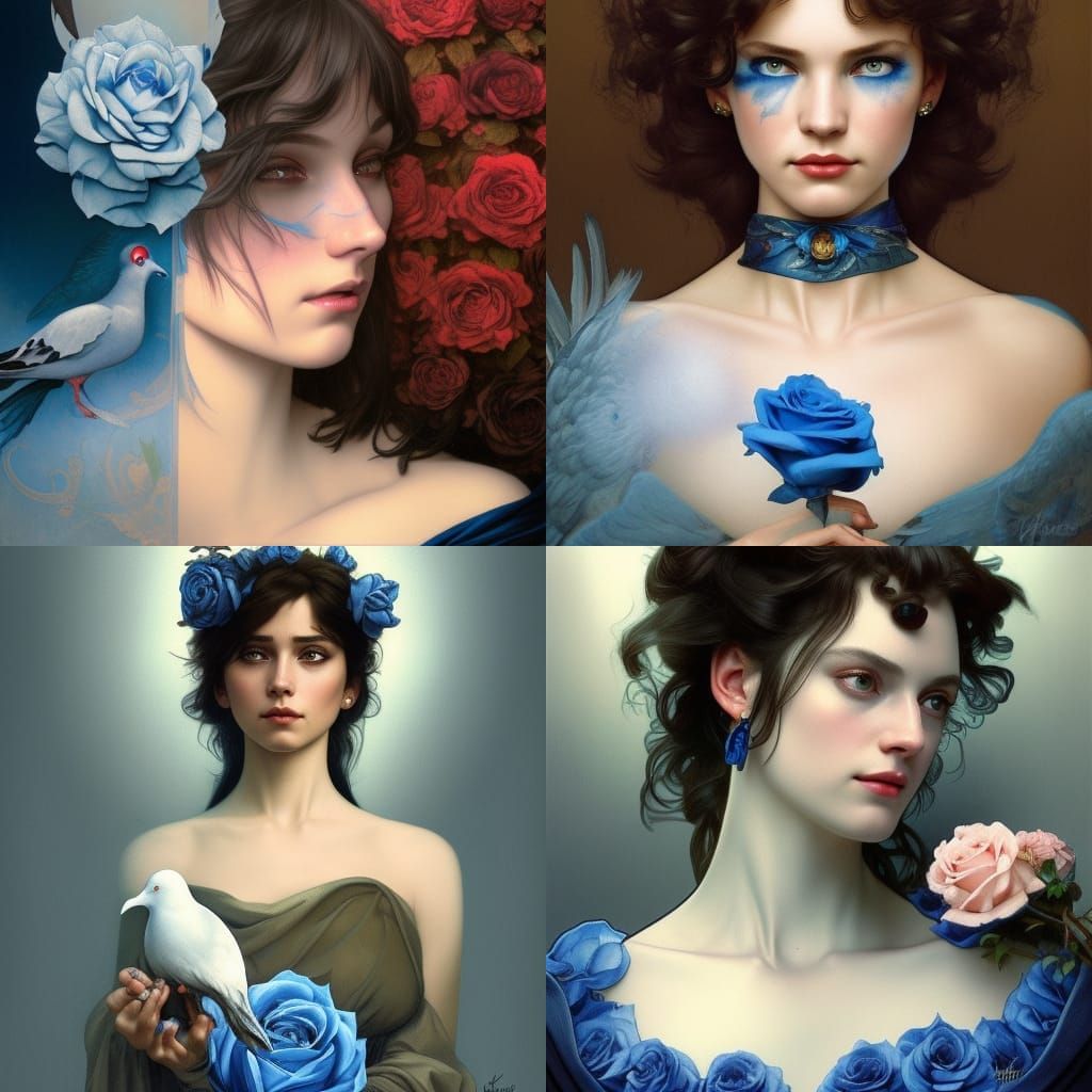 80s dark fantasy good witch with black hair& blue eyes& blue dress with blue roses& hold a doves