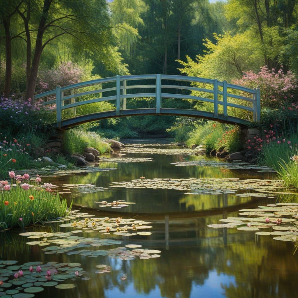 Impressionist Woodland Bridge Scene with Blooming Flowers an...