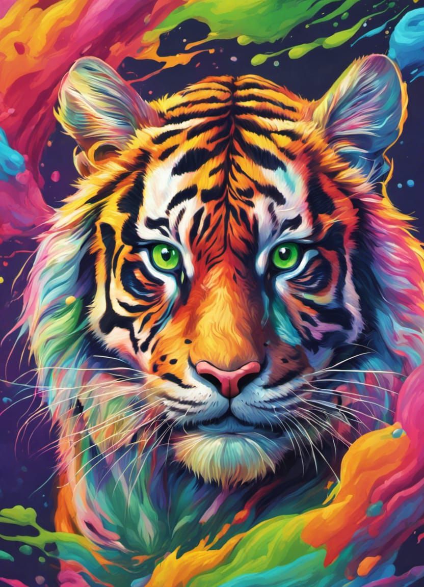 Lisa Frank Style Tiger in Rainbow Colors