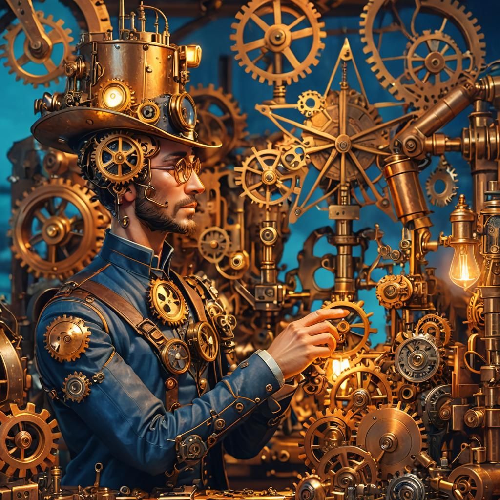 Steampunk Inventor in Gear-Filled Workshop: 3D Digital Art