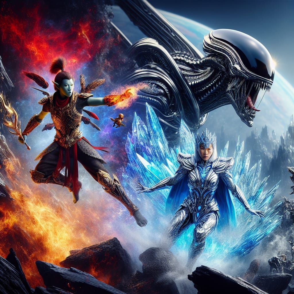 Japanese fire and ice heroes vs xenomorph kaiju