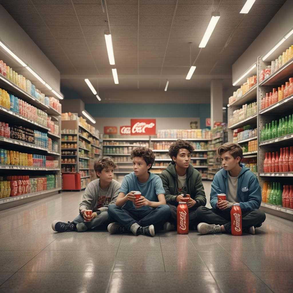 Hyperrealistic Boys Sharing Soda in Vacant Store