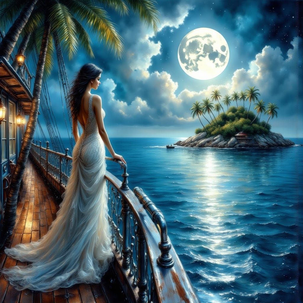 Woman on Cruise Ship Gazing at Moon, Miyazaki Style