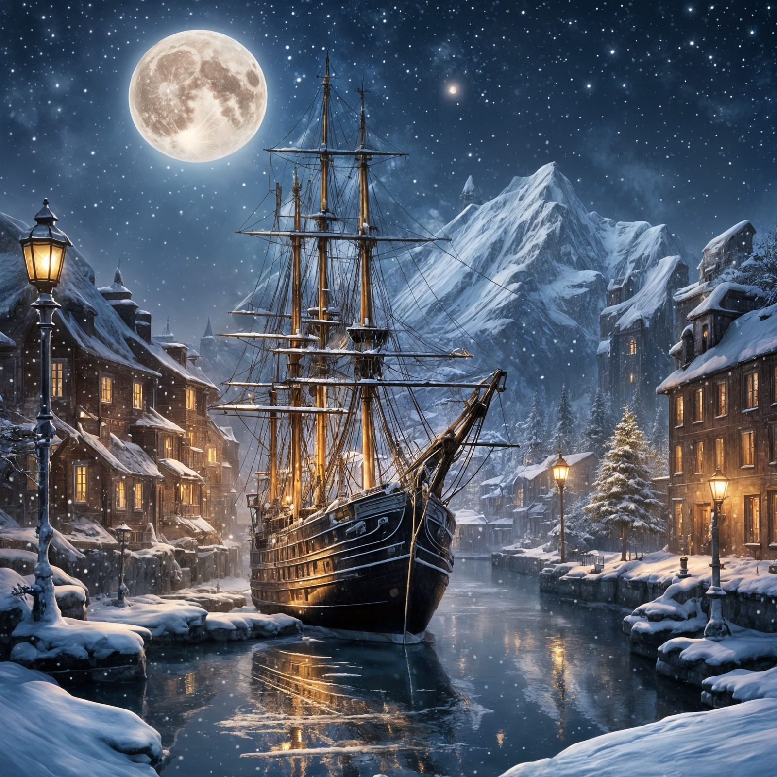 Majestic Snow-Covered Sailing Ship Under Full Moon in Icy Ha...