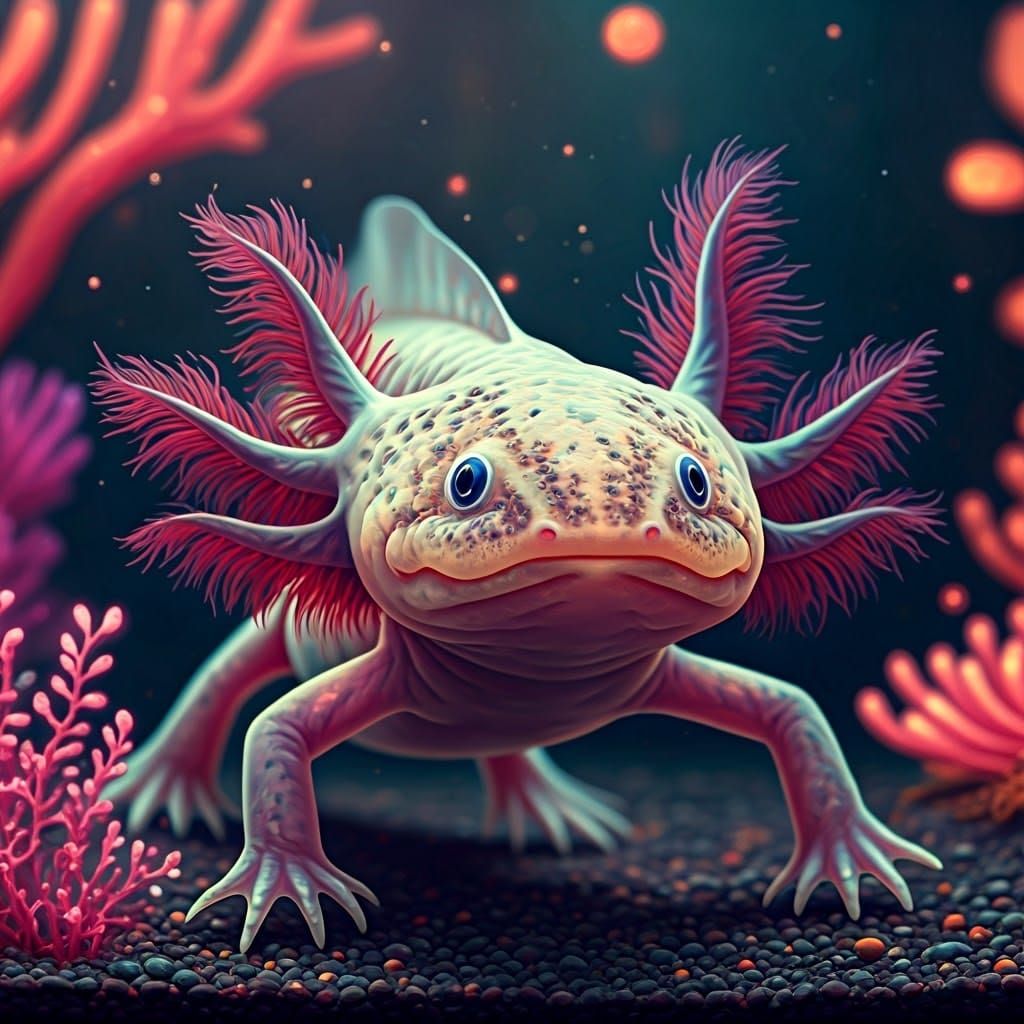 Surreal Axolotl in Iridescent Paradise