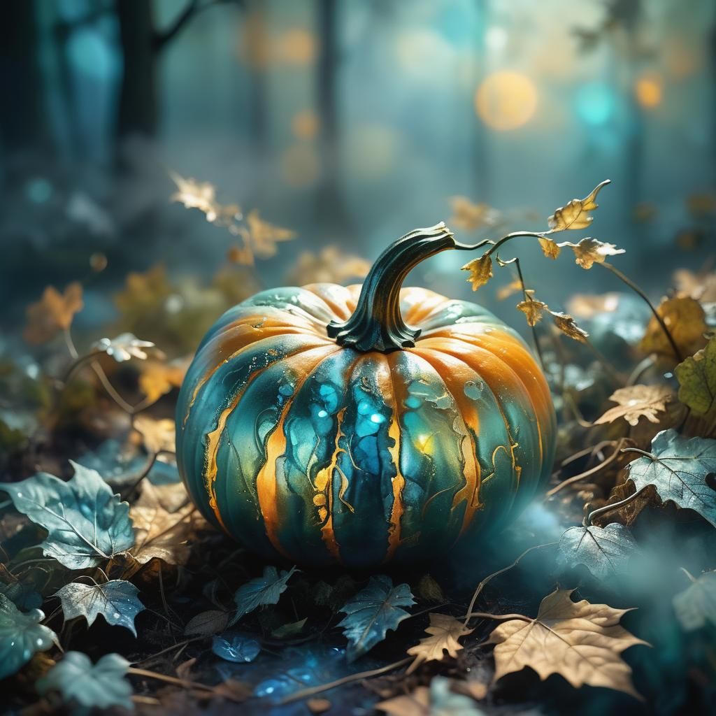 Glowing Pumpkin in Misty Forest: Alcohol-Ink Style
