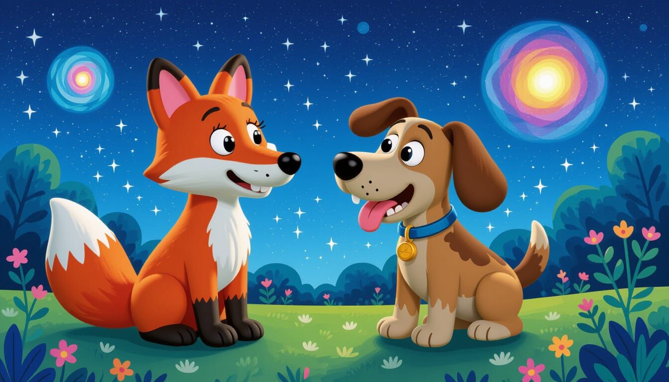 Claymation Fox and Hound Friends in Cosmic Astral Style