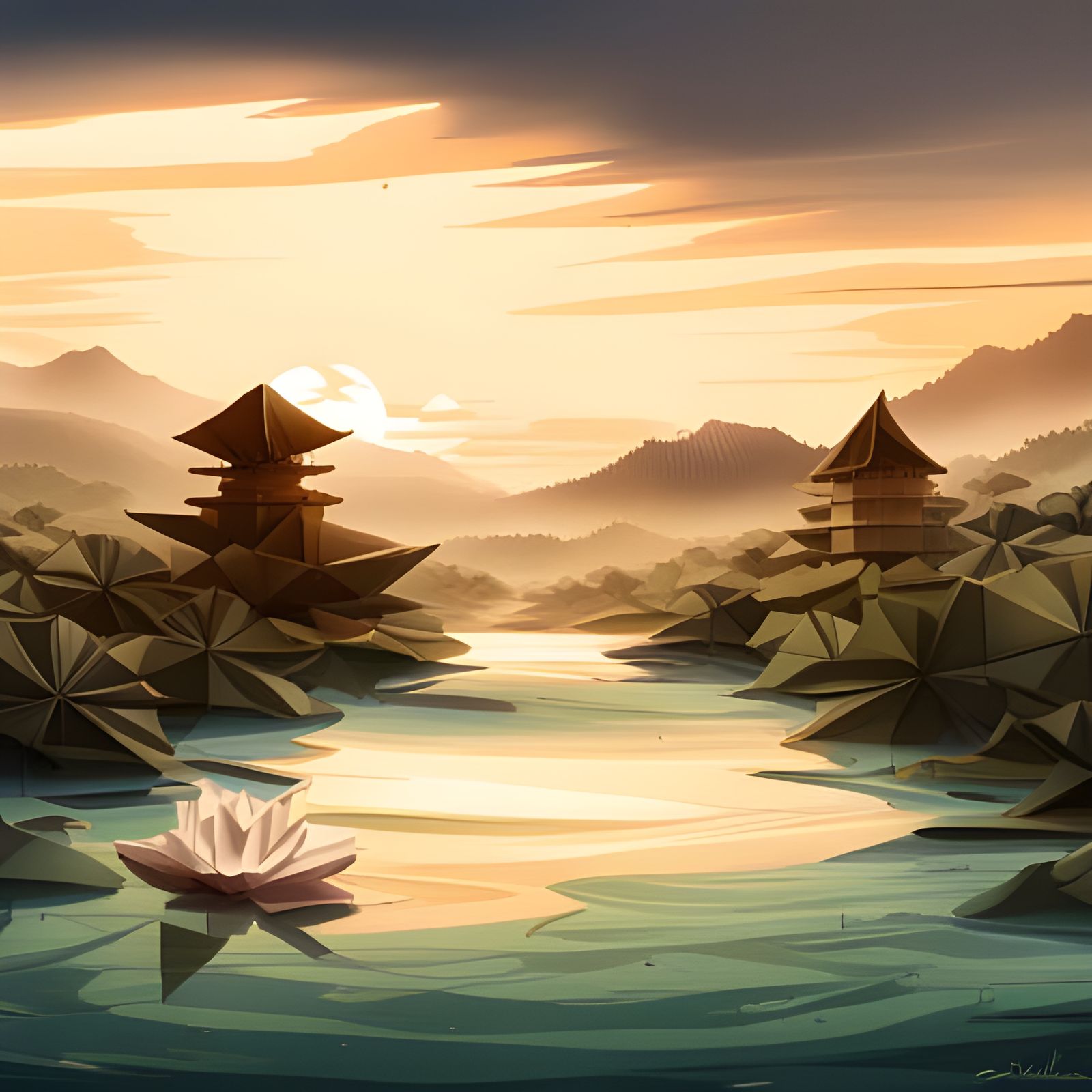 Origami Lotus Flowers in Zen Garden, Anime Art